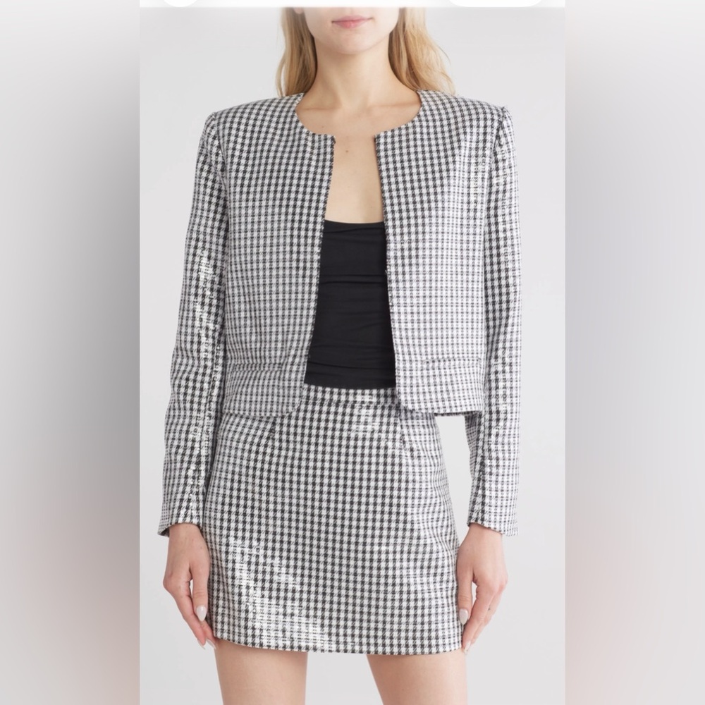 NWT Wayf Women's Black and White HoundstoothSequin Jacket & Skirt Set Size Small
